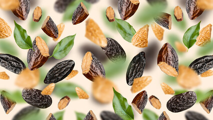 Tonka beans and green leaves float in the air. Flying Dipteryx odorata for pastry, confectionery...