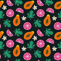 Seamless papaya and grapefruit pattern. Tropical citrus fruit print for wrapping paper, fabric, healthy menu design, package, exotic banner background. Hand drawn doodle. Botanical vector illustration
