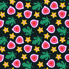 Seamless fig carambola pattern. Tropical fruit slices and green leaves. Hand drawn doodle. Sweet botanical print for wrapping paper, food package, menu design, wallpaper, fabric. Vector illustration