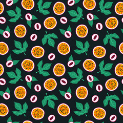 Seamless passion fruit maracuja and lychee pattern. Hand drawn doodle. Tropical print for fabric, wrapping paper, package, menu design. Exotic fruit and leaves vector illustration. Summer sweet food