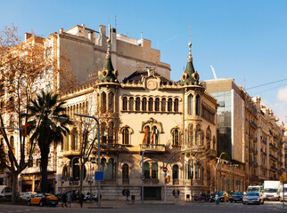Fototapeta na wymiar View of the palace, built by architect Juan Jose Ervas Arizmendi in the Art Nouveau style in Barcelona, .Spain