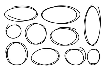 Set of circular scribbles outline doodle frames. Oval banner collection