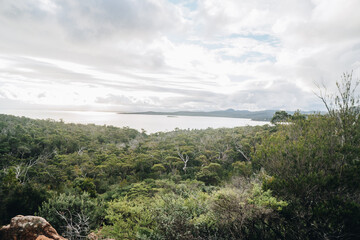 Fototapeta na wymiar Wide angle of honeymoon bay in Freycinet National Park, tasmania, Australia