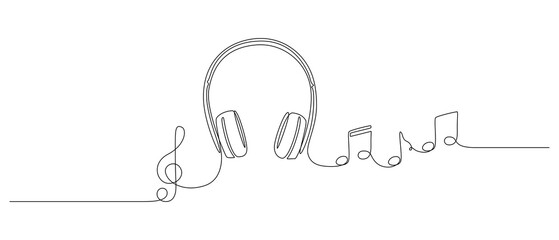 Continuous one line drawing of headphones speaker with music notes and Treble clef. Headset gadget and earphones devices in simple linear style. Editable stroke. Doodle vector illustration