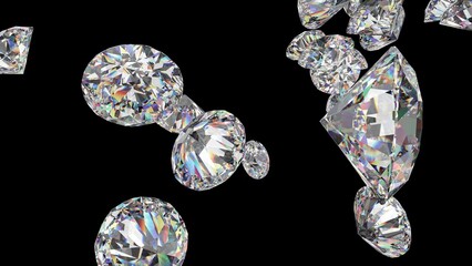 Shiny Diamonds on black surface background. Concept image of luxury living, expensive things and high added value. 3D CG. High resolution.