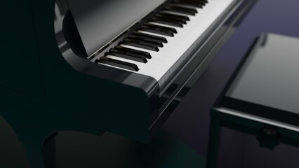 Purple-gold Grand Piano under deep blue-green suface background. 3D illustration. 3D CG. 3D high quality rendering.  