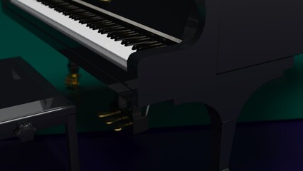 Purple-gold Grand Piano under deep blue-green suface background. 3D illustration. 3D CG. 3D high quality rendering.  