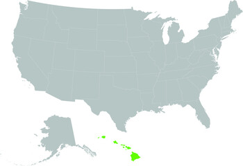 Obraz na płótnie Canvas Light green Map of US federal state of Hawaii Islands within gray map of United States of America