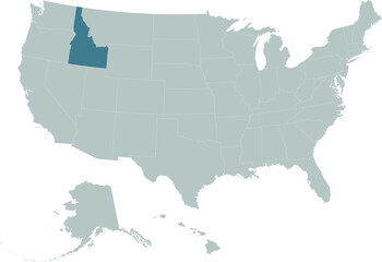 Blue Map of US federal state of Idaho within gray map of United States of America
