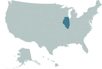 Blue Map of US federal state of Illinois within gray map of United States of America