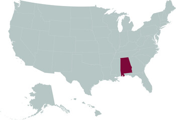 Purple Map of US federal state of Alabama within gray map of United States of America