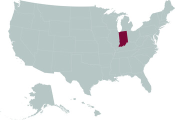 Purple Map of US federal state of Indiana within gray map of United States of America