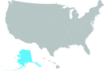Fototapeta na wymiar Light blue Map of US federal state of Alaska within gray map of United States of America