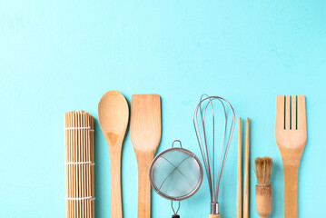 Kitchen utensil for cooking on color background, Flat lay