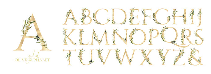 Watercolor Gold Olive English alphabet floral set letters from A to Z on white background. Femenine Botanical Greenery element for wedding stationery, monogram initials, new baby name,baby shower diy