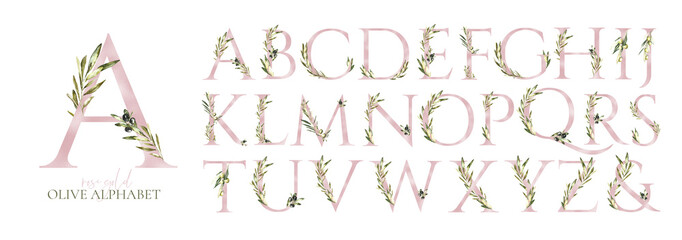 Watercolor Rose Gold Olive English alphabet floral set letters from A to Z on white background. Femenine Botanical Greenery element for wedding stationery, monogram initials, new baby name,baby shower