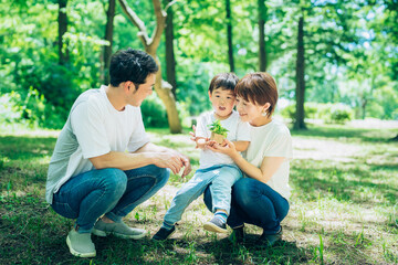 森の中で、小さな鉢植えを持つ家族