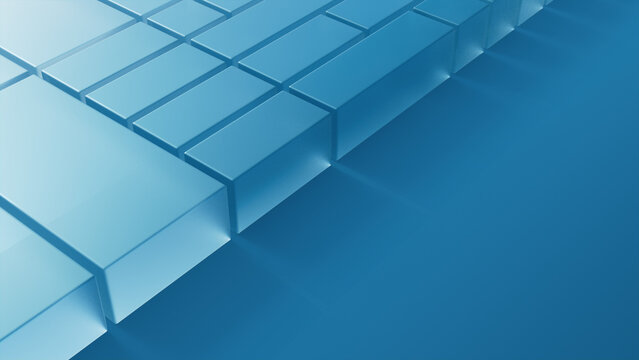 Translucent Blocks on a Blue Surface. Futuristic Tech Concept with copy space. 3D Render.