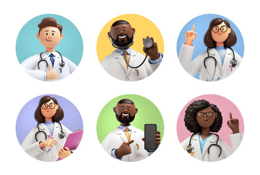 3d render, doctor avatar collection, set of round stickers with cartoon character faces, user id thumbnail, modern icons for social account design. Portrait circles isolated on white background