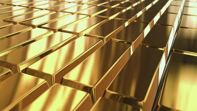 Smooth surface gold bars stacked in a row. Gold bricks. Stack of gold bullion bars.