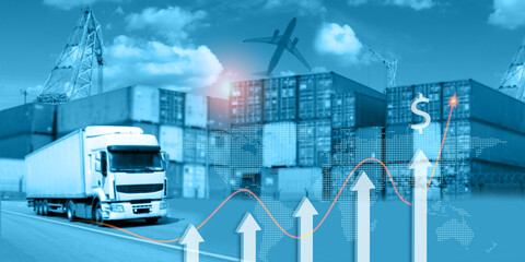 Logistics, freight transportation concept. Graphics of growth of volumes and cost of delivery,...