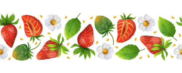 Ripe strawberries seamless watercolor border. Hand drawn illustration isolated on white background. Red fresh berry, unripe green fruit, leaves, flowers, seeds. Whole wild strawberries, cut in half
