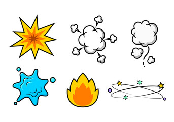 Emotions and movement symbols, cartoon elements set on white background.