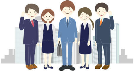 ビル群とスーツ姿の男女