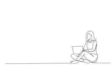 Drawing of woman using laptop while sitting on floor Continous Line art