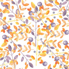 Fototapeta na wymiar floral seamless pattern. Pink, purple and yellow flowers with burgundy leaves isolated on a white background. Artistic floral designs with repeating elements for wallpapers, fabrics