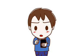 （上半身正面）スマホの画面を見て操作し、不審に思って眉をひそめる少年