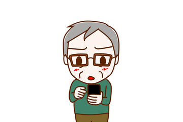 （上半身正面）スマホの画面を見て操作し、不審に思って眉をひそめる高齢の男性