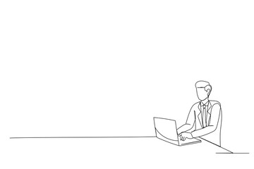 Illustration of young man sitting at his desk in the office searching for news via internet connection. One line design style