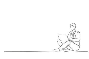Drawing  of young man using a laptop studying on pc technology. One line design style