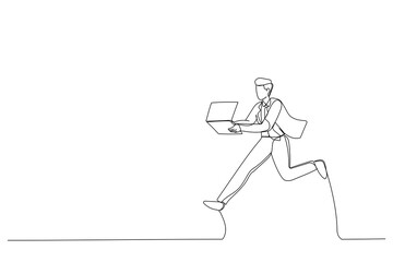 Illustration of Man run with modern laptop captured in motion. Hipster surprised bearded web developer designer or programmer with laptop. Modern laptop concept. Continuous line design style