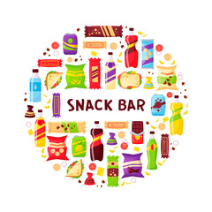 Fototapeta premium Snack set circle banner, fast food and drinks products. Beverage bottles, sandwich in pack, soda and juice. Food store elements for market design, cartoon style vector