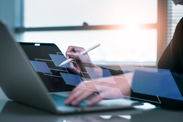 Concept business using tool process workflow and flowchart,database and digital file storage system...