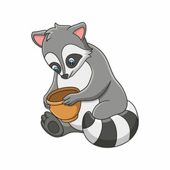 cartoon illustration The raccoon is sitting by the river holding the jar and playing with it