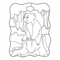 cartoon illustration the bear is sitting and looking at the forest above the felled tree trunk book or page for kids black and white