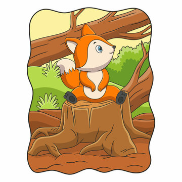 cartoon illustration a fox sitting and relaxing enjoying the weather during the day on the trunk of a big tree that was cut down