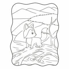 cartoon illustration a fox walking on a fallen log by the river book or page for kids black and white