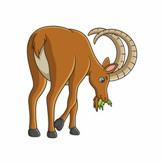 cartoon illustration an ibex walking in the middle of the meadow looking for food in the morning