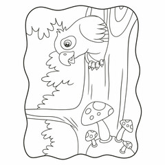 cartoon illustration the parrot that was inside his house that was inside the tree trunk and peeked out to see the food book or page for kids black and white