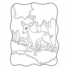 cartoon illustration deer walking during the day in the forest looking for food book or page for kids black and white