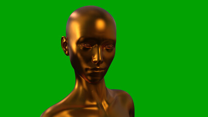 3D render portrait of a gold bald woman on a green background.