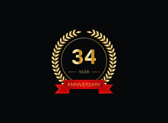 34th anniversary celebration with gold glitter color and white background. Vector design for celebrations, invitation cards and greeting cards. eps 10.