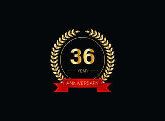 36th anniversary celebration with gold glitter color and white background. Vector design for celebrations, invitation cards and greeting cards. eps 10.