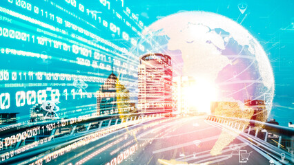 Smart transportation in tacit futuristic city with online traffic control system . Concept of smart digital transformation and technology disruption that changes global trends in new information era .