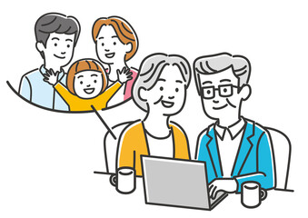 祖父母とオンラインで連絡をとる家族、リモート帰省