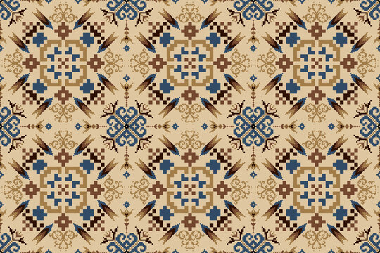 Beautiful blue floral seamless pattern on brown background.geometric ethnic oriental pattern traditional.Aztec style,abstract,vector,illustration.design for texture,fabric,clothing,wrapping,carpet.